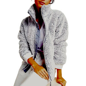 Anthropologie Sherpa Bomber Jacket XL Womens Gray White Pockets‎ Teddy Fleece
